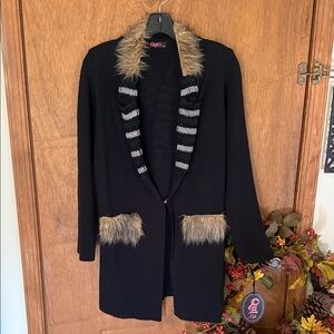 Chic Black Sweater Coat with Tan Fur and Beaded Accents